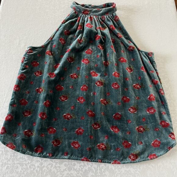 Loft Floral Velvet Shirred Halter Top Women's Medium Green Red Roses - Picture 4 of 10